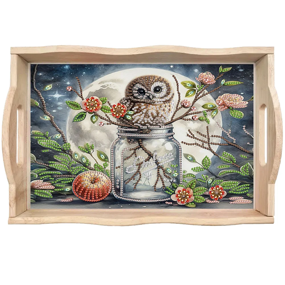 DIY Moon Vase Owl Wooden Diamond Decorative Serving Tray with Handle for Home