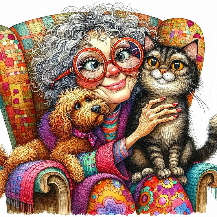 Grandma'S Cats And Dogs - Full Round Drill Diamond Painting - 40*40CM(Canvas)