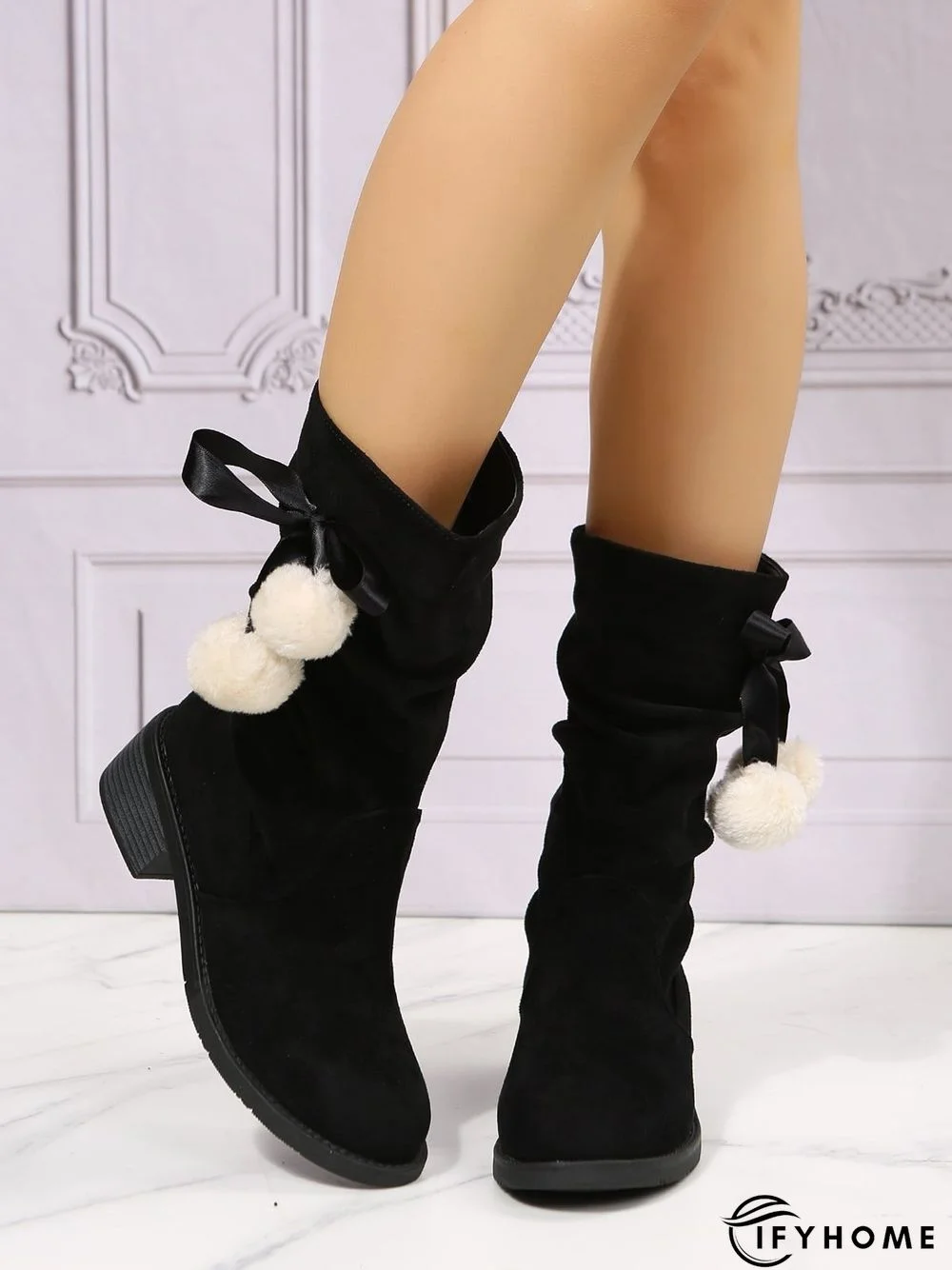 Christmas Pompom Decor Faux Suede Slouchy Boots | IFYHOME