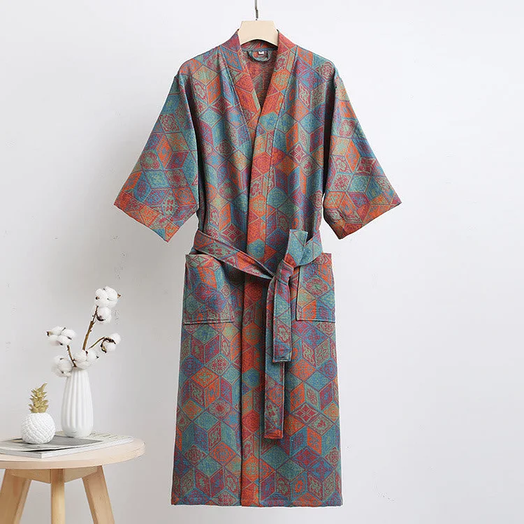 Rhombus Grid Cotton Bathrobe with Belt Radinnoo.com