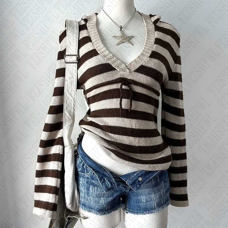 Aonga Emo girls retro women's pullover chic V-neck colorblock stripes Y2K casual sweater aesthetic straps fall winter pink streetwear aonga