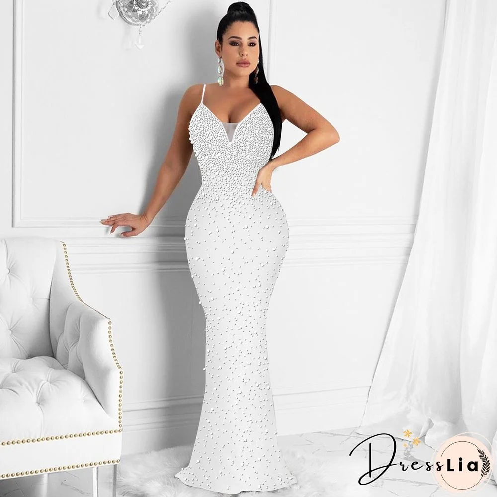 Felyn New Arrival Famous Brand Dress Solid Beading Spaghetti Strap Sexy Celebrity Party Maxi Dress Vestidos