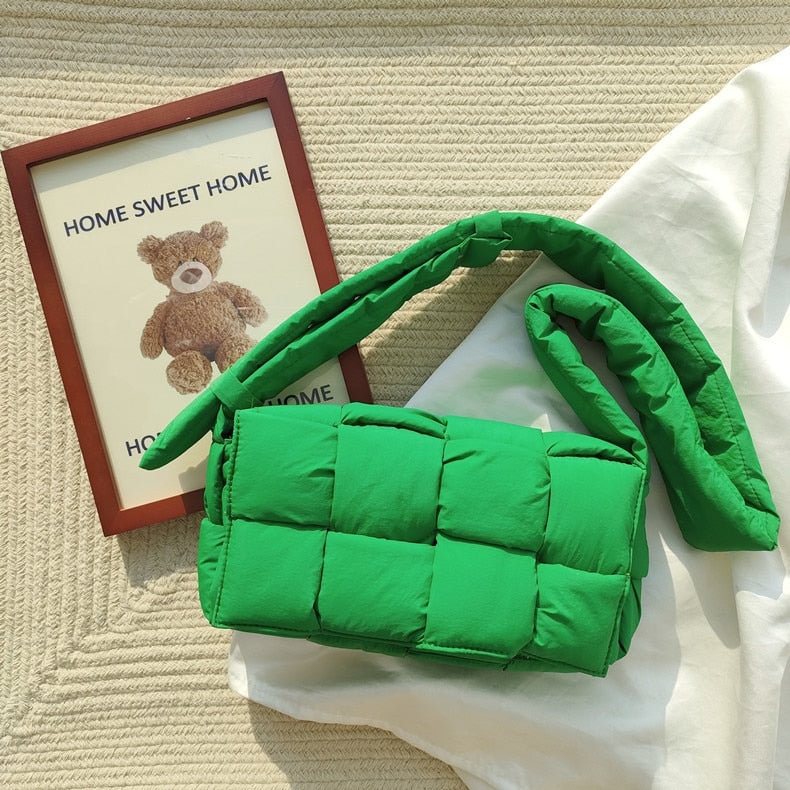 Green Woven Feather Down Padded Shoulder Bag Unisex Luxury Stylish Nylon Quilted Pillow Crossbody Purses With Clutch Handbag