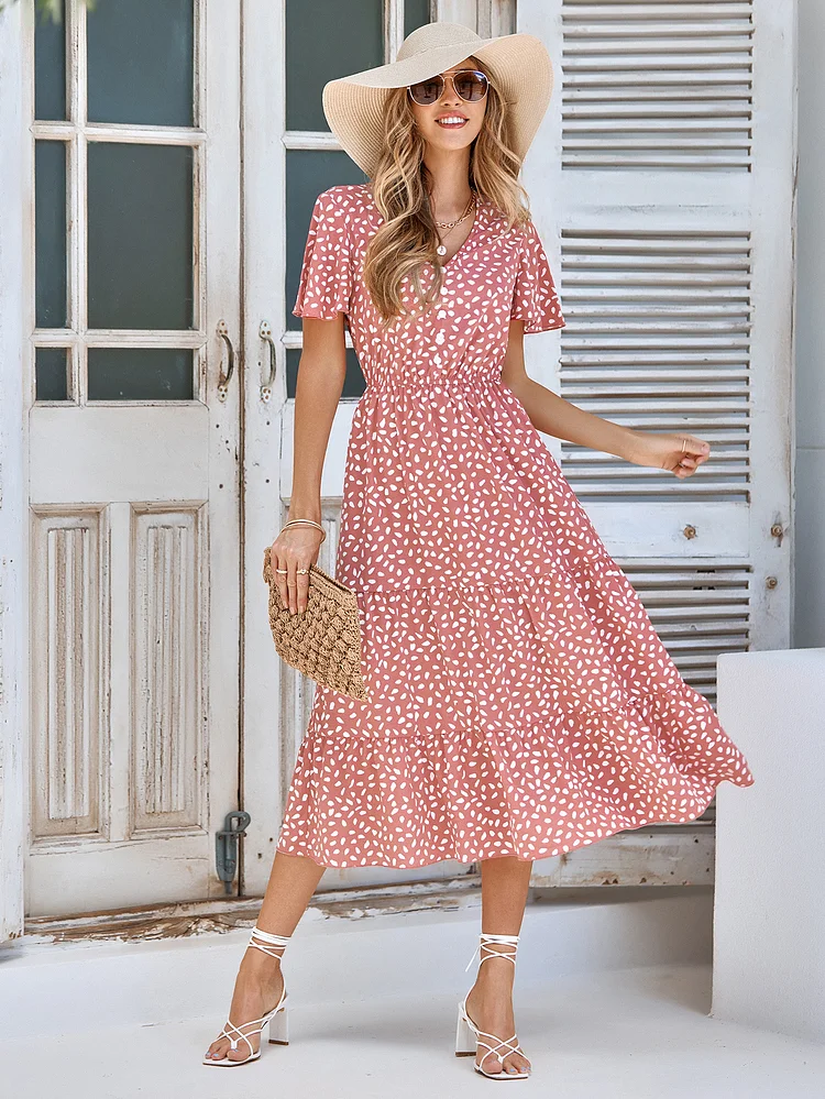 Elegant Leopard Print V-neck Ruffle Sleeve Casual A-line Midi Dress