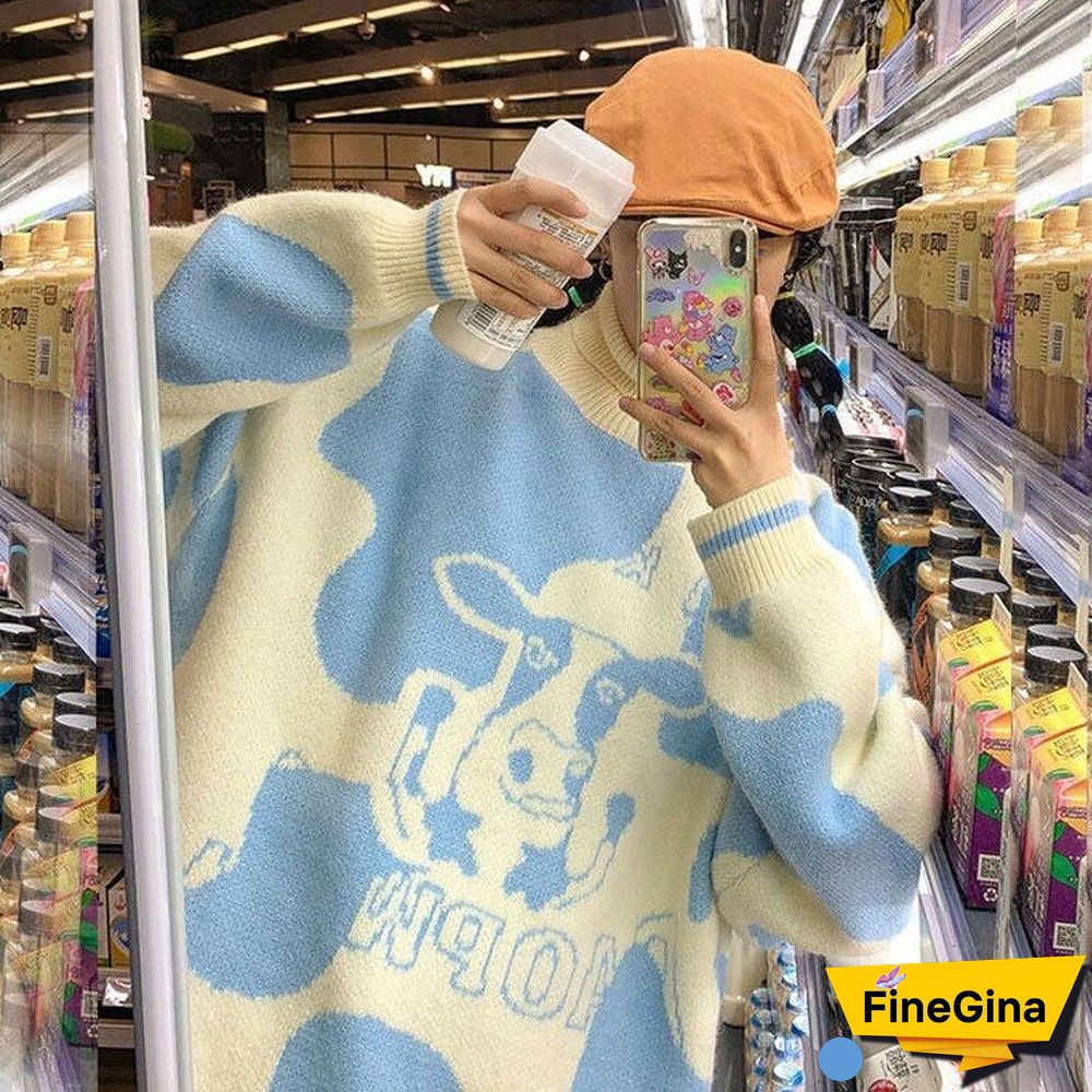 Korean Style Cow Print Knitted Sweater Women Preppy Fashion Cute O-Neck Long Sleeve Oversize Jumper Pullover Female