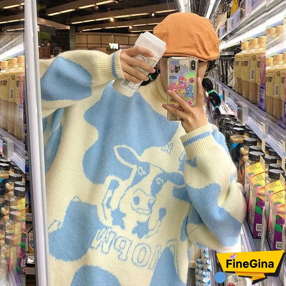 Korean Style Cow Print Knitted Sweater Women Preppy Fashion Cute O-Neck Long Sleeve Oversize Jumper Pullover Female