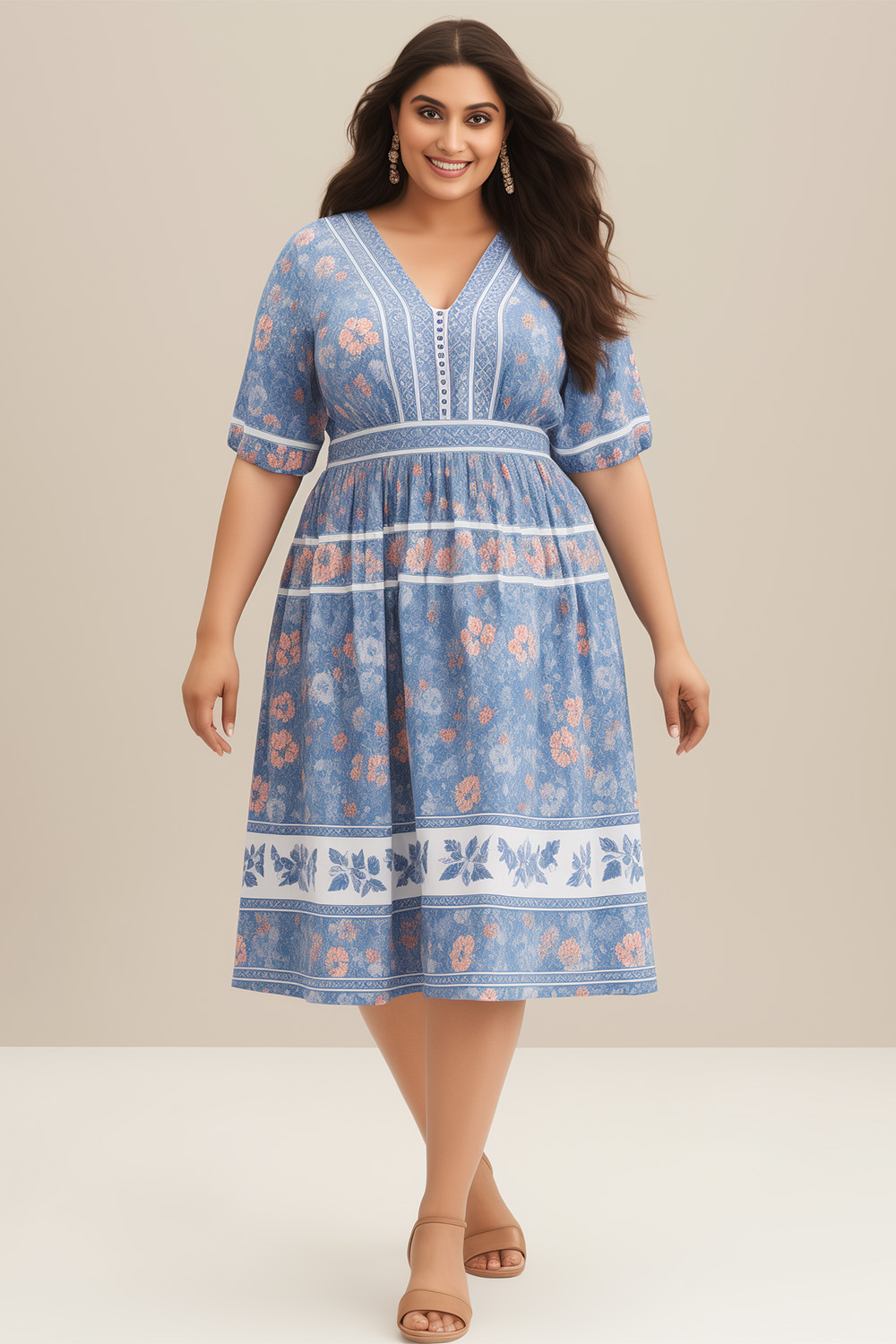 Flycurvy Plus Size Vacation Blue Cotton Floral Print Button Midi Dress 2024 - Flycurvy 