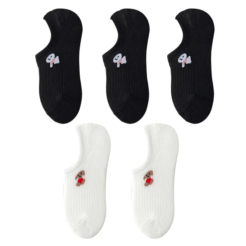 5 Pairs Kawaii Animal Print Women Socks Set Invisible Happy Fashion Ankle Funny Socks Set Girl Cotton Summer Slicone Non-slip