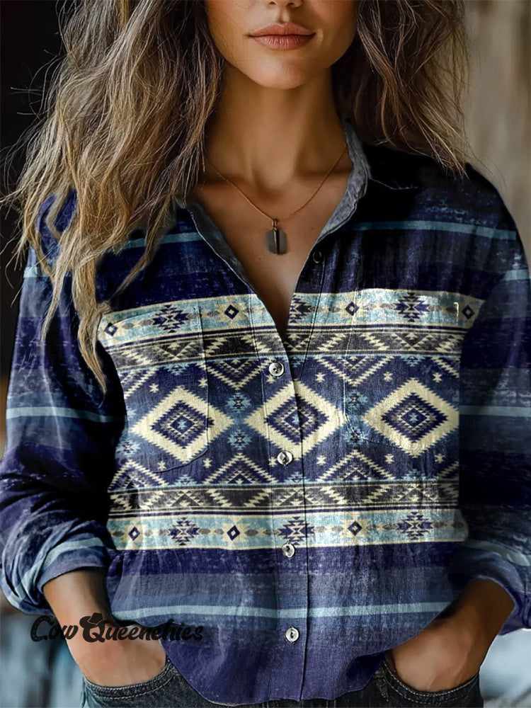 Women’s Aztac Print Casual Long Sleeve Comfortable Cotton Shirt Multicolor / S