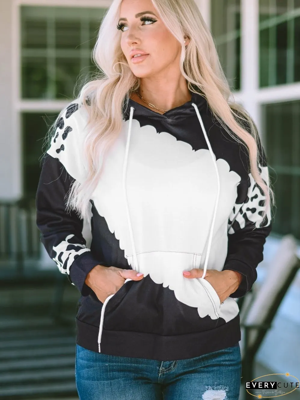 Cow Print Tie Dye Drawstring Hoodie with Pockets