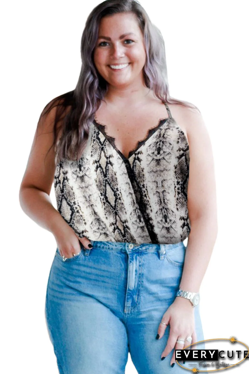 Plus Size Snakeskin Lace Splicing Spaghetti Strap Tank Top