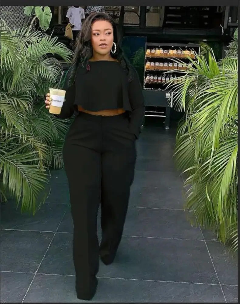 Ingvn - 2023 Elegant Work Wear Two Piece Set Fall Clothes For Women Ruffles Crop Top And Wide Leg