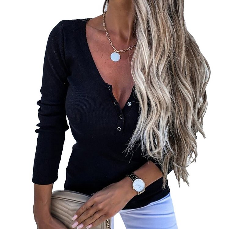 Long Sleeve Tops for Women Spring Autumn V-Neck Button Casual Round Neck Solid Color T Shirts Elegant Office Lady Female Clothes - BlackFridayBuys