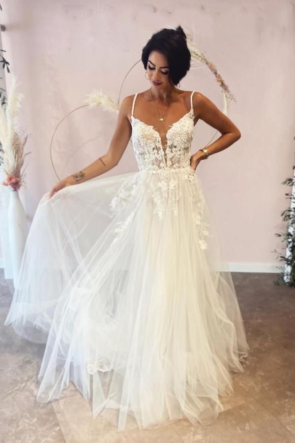 Deep V-neck Spaghetti-Straps Backless Long A-line Wedding Dress With Lace Tulle | Ballbellas Ballbellas