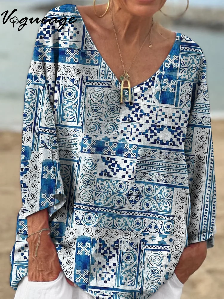 Gentle And Elegant Retro Pattern 3/4 Sleeves Printed Cotton And Linen Shirt