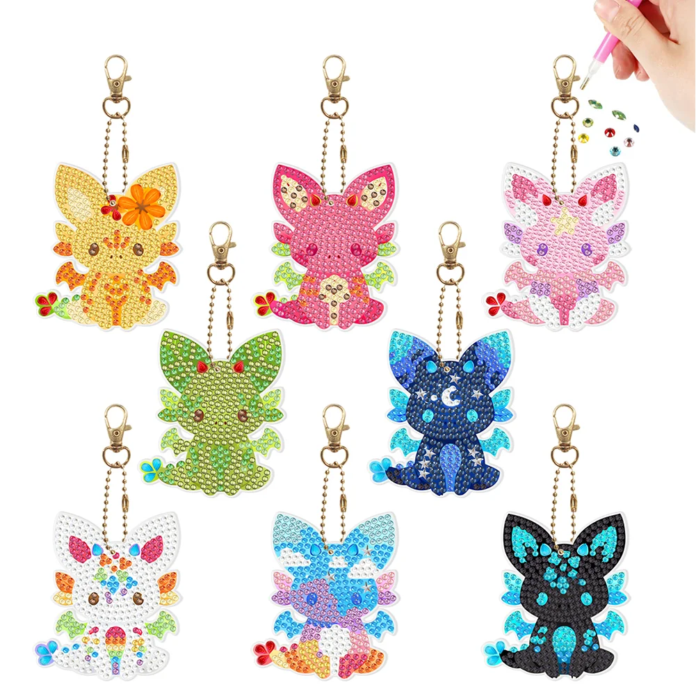 8Pcs Cute Fox Double-Sided Special Shaped Diamond Painting Art Keychain