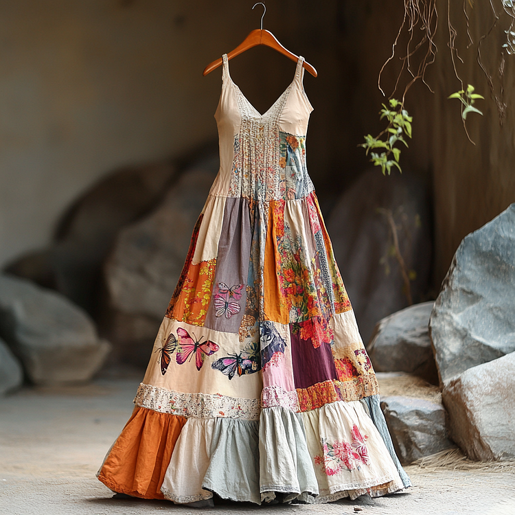 Simpfit Damen Vintage Bohemian Patch Art Muster Komfortkleid