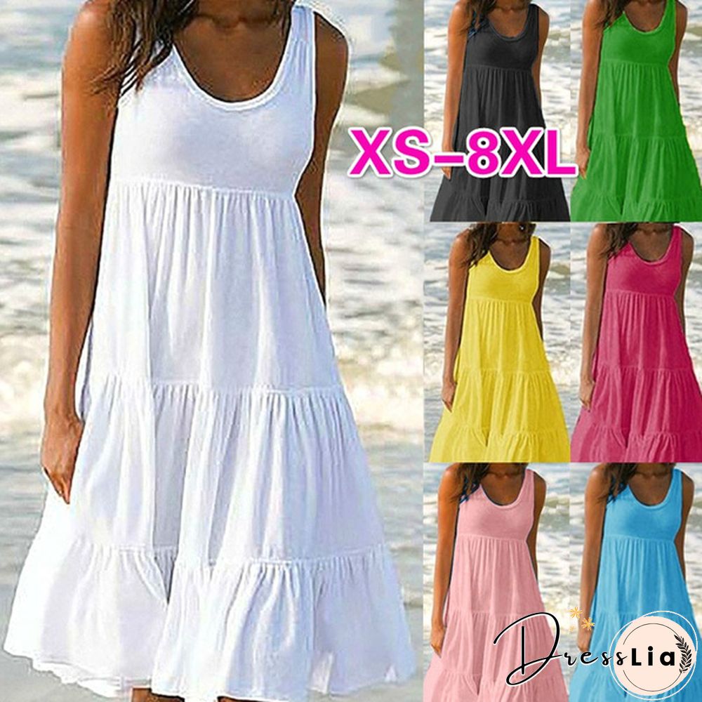 XS-8XL Summer Dresses Plus Size Fashion Clothes Women's Casual Sleeveless Party Beach Wear Loose Dresses Solid Color A-line Skirt Cotton Round Neck Off Shoulder Dress Ladies Pleated Halter Mini Dress Tank Top Dresses