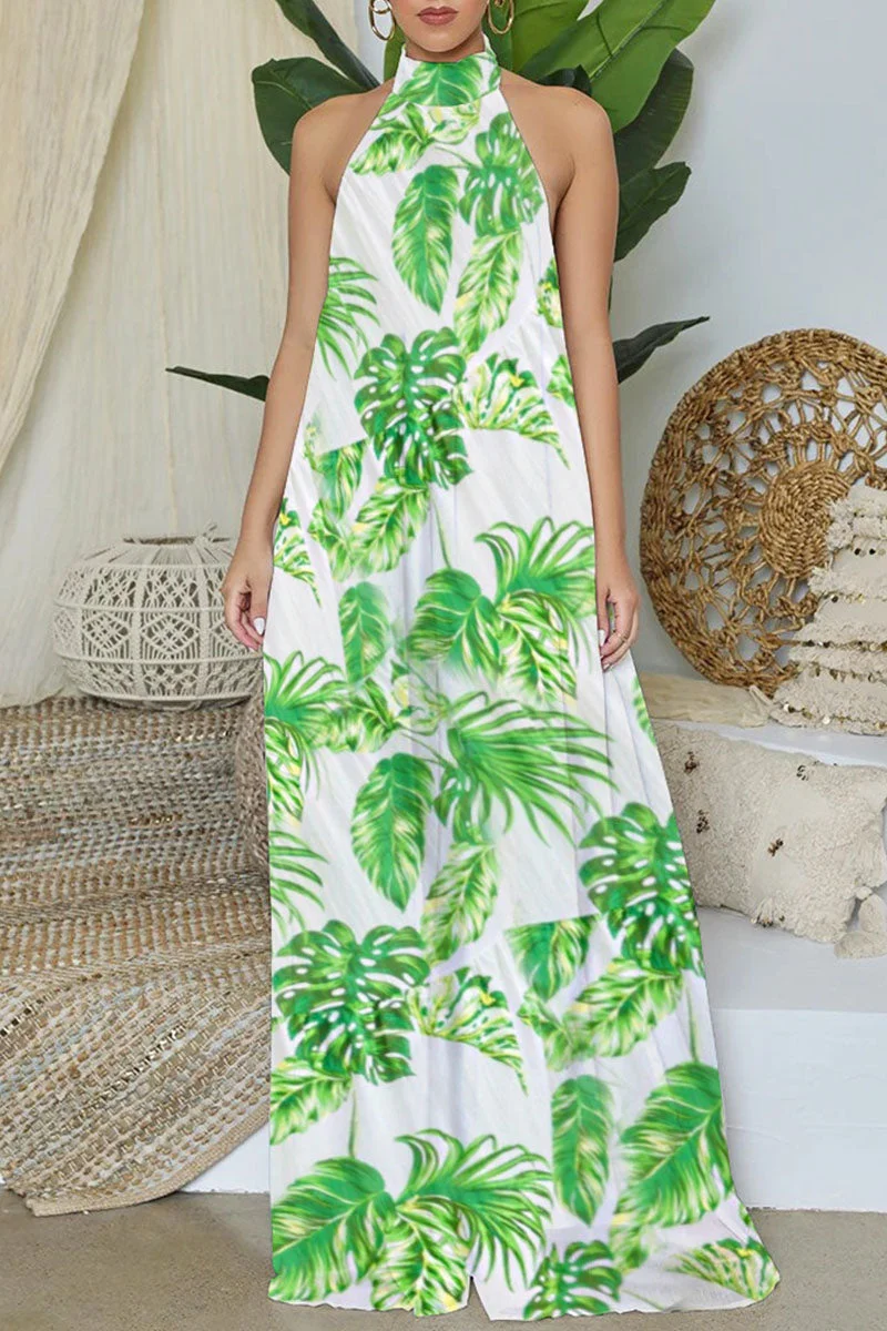 Elegant Print Split Joint Backless Halter Straight Jumpsuits
