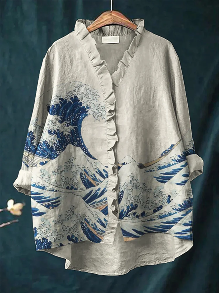 Great Wave Japanese Art Ruffle Trim Linen Blouse