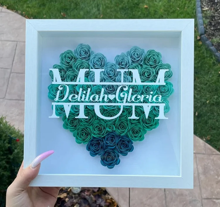 MUM Heart Shaped Monogram Flower Shadow Box Gift For Mothers-Green