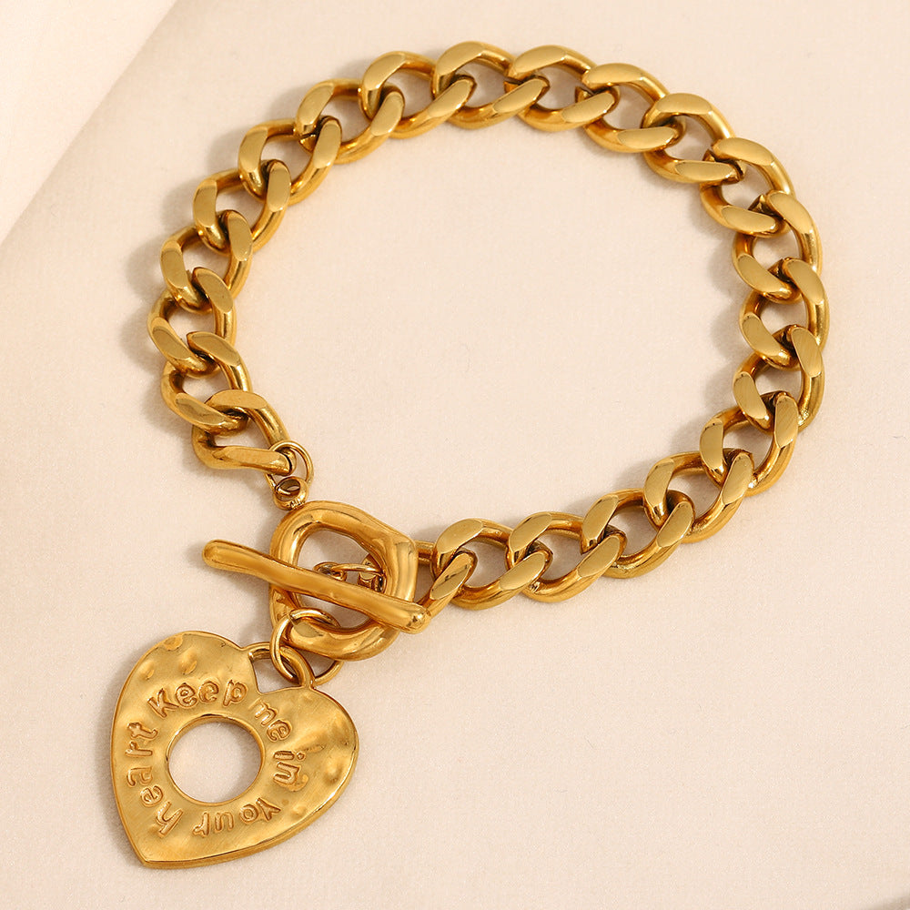Niche Design High-End Jewelry Stainless Steel 18K Gold-Plated Cuban Chain Love Pendant Bracelet For Women