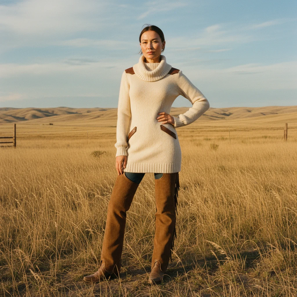 Women's Vintage Cream High Neck Knitted Dress With Leather Accents