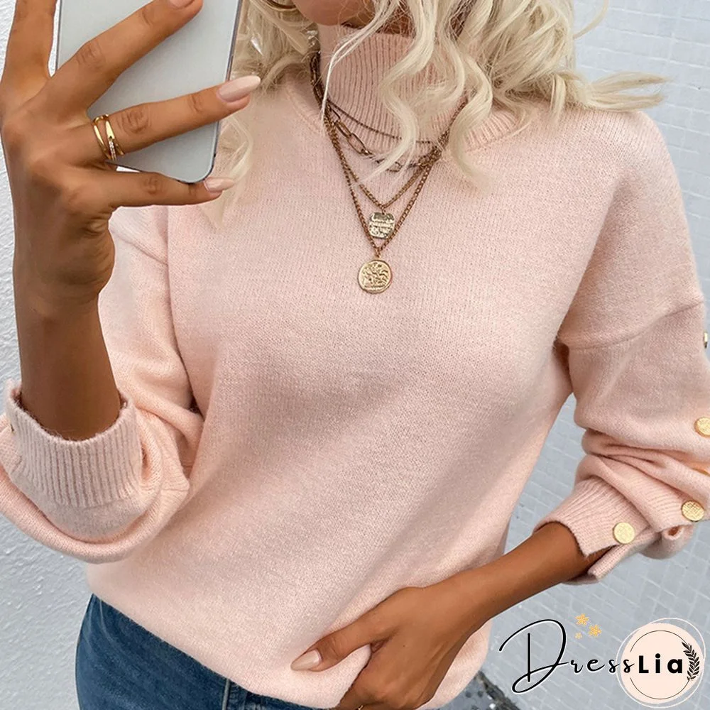 Autumn Warm Soft Vintage Sweater Women Pullovers Winter Turtleneck Leader Button Knitted Sweater Female Casual Jumpers