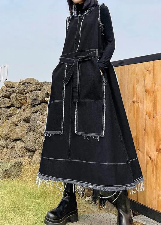 Beautiful Denim Black Tunics O Neck Patchwork Maxi Spring Dress