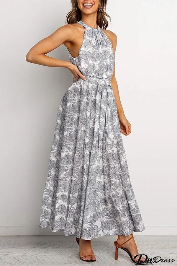 Bohemian Floral Print Halter Maxi Dress