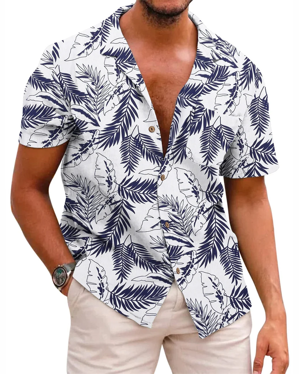 Men's Palm Leaf Hawaiian Tropical Print Casual Pocket Short Sleeve Shirt  1393