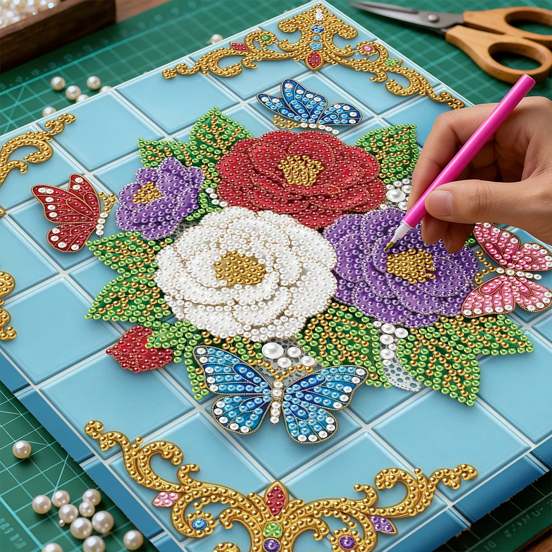 Butterfly Flowers - DIY Pearl Diamond Art Kit With Frame 25*25cm