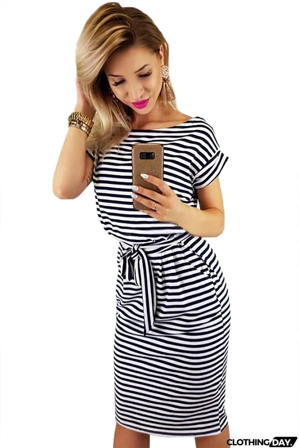 Stripes Pocketed T-shirt Dress with Belt
