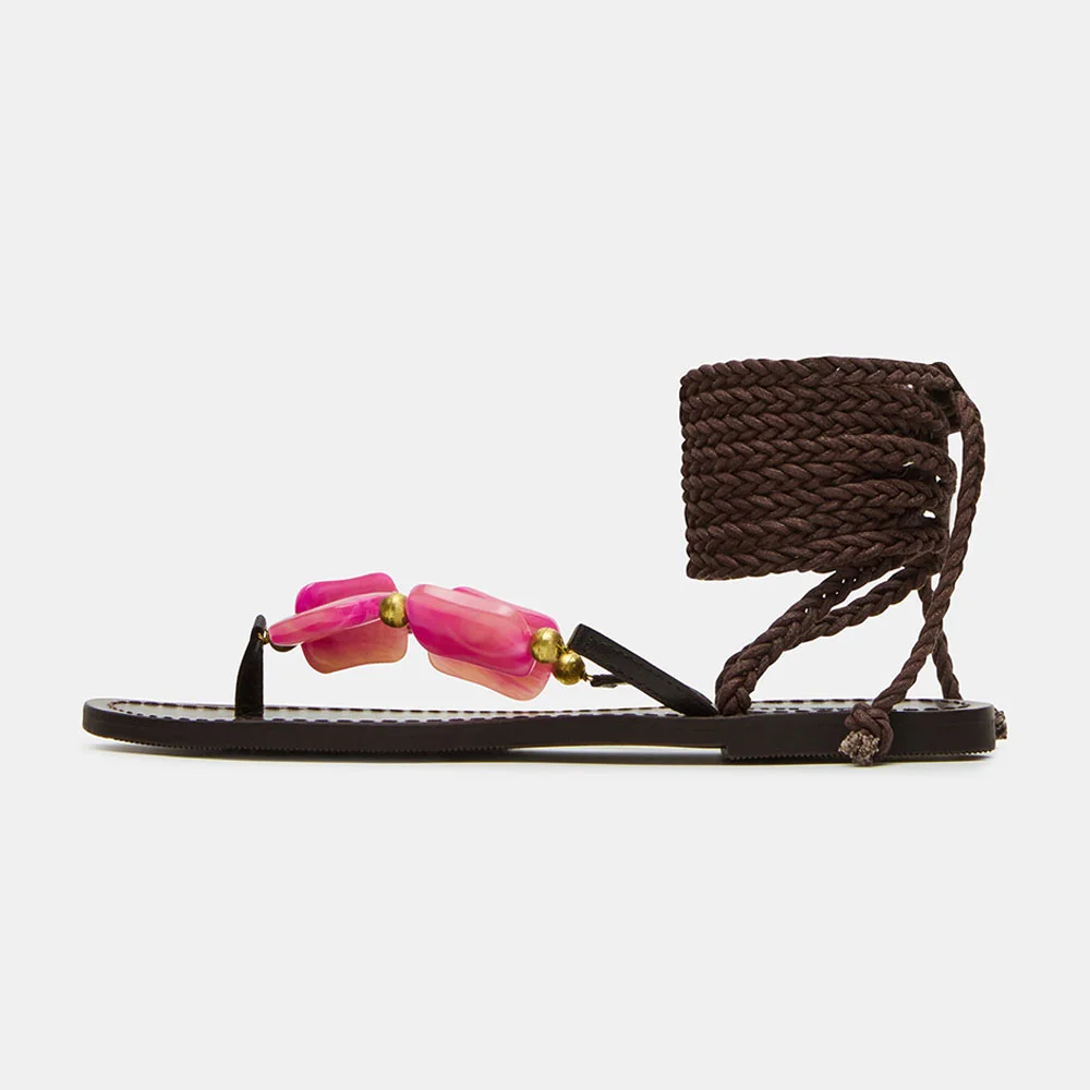 Dark Brown Braided Open-Toe Pink Stone Decor Flat Sandals for Women