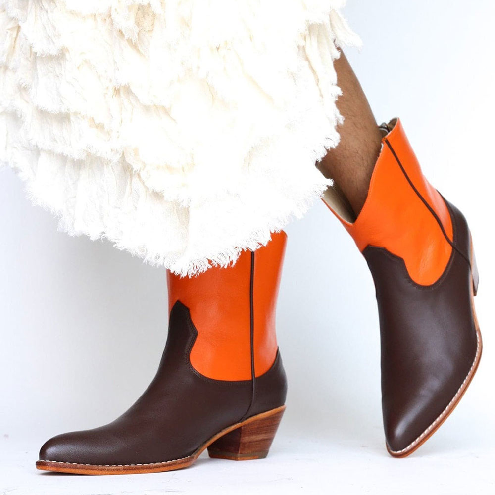Brown & Orange Patchwork Pointed Toe Chunky Heeled Booties with Zipper Nicepairs