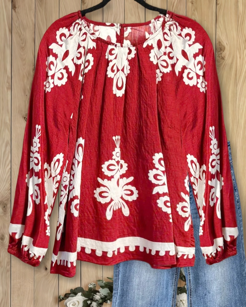Smocked Round Neck Lantern Sleeve Blouse