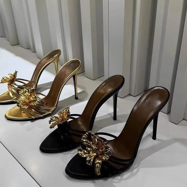 Yyvonne Summer 2025 Summer New Trendy With Metal Flowers Cool Slippers Temperament Sexy Thin And Toe Women's Shoes