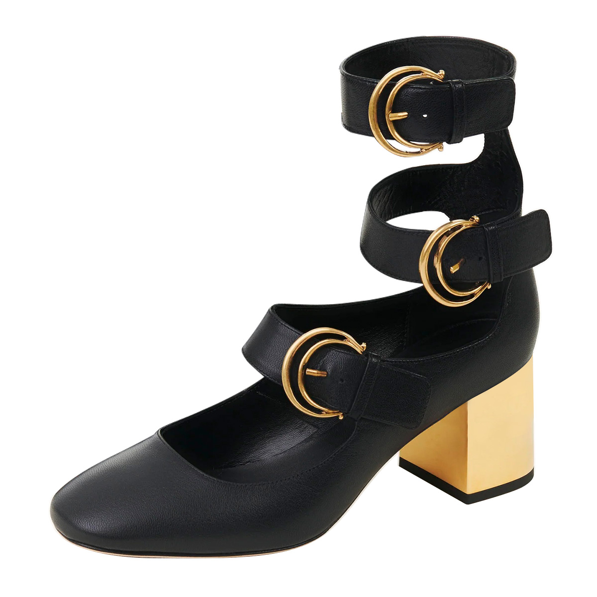 Black Buckle Triple Strap Square Toe Block Heel Pumps for Women Nicepairs