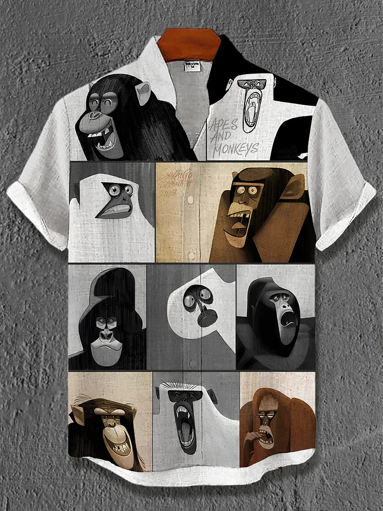 Men's Colorblock Monkey Art Print Casual Shirt