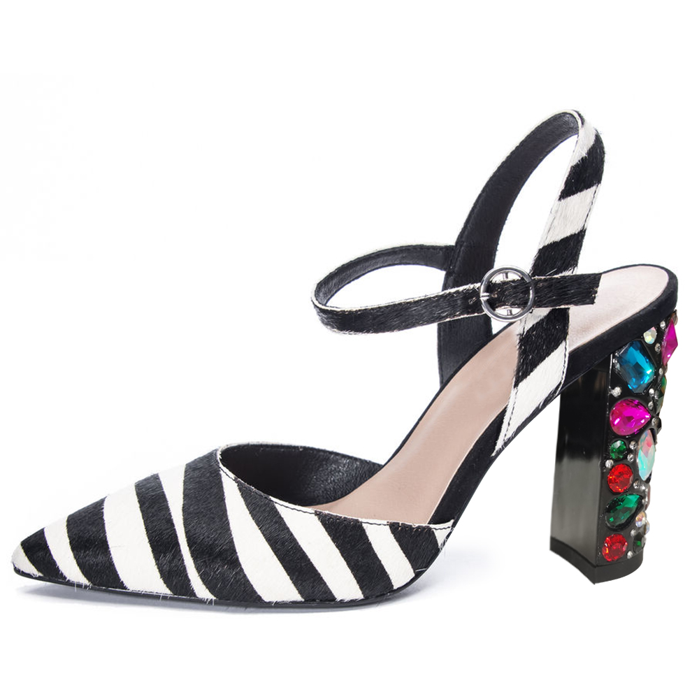 White & Black Zebra Pointed Toe 4'' Chunky Heel Slingback Pumps Nicepairs