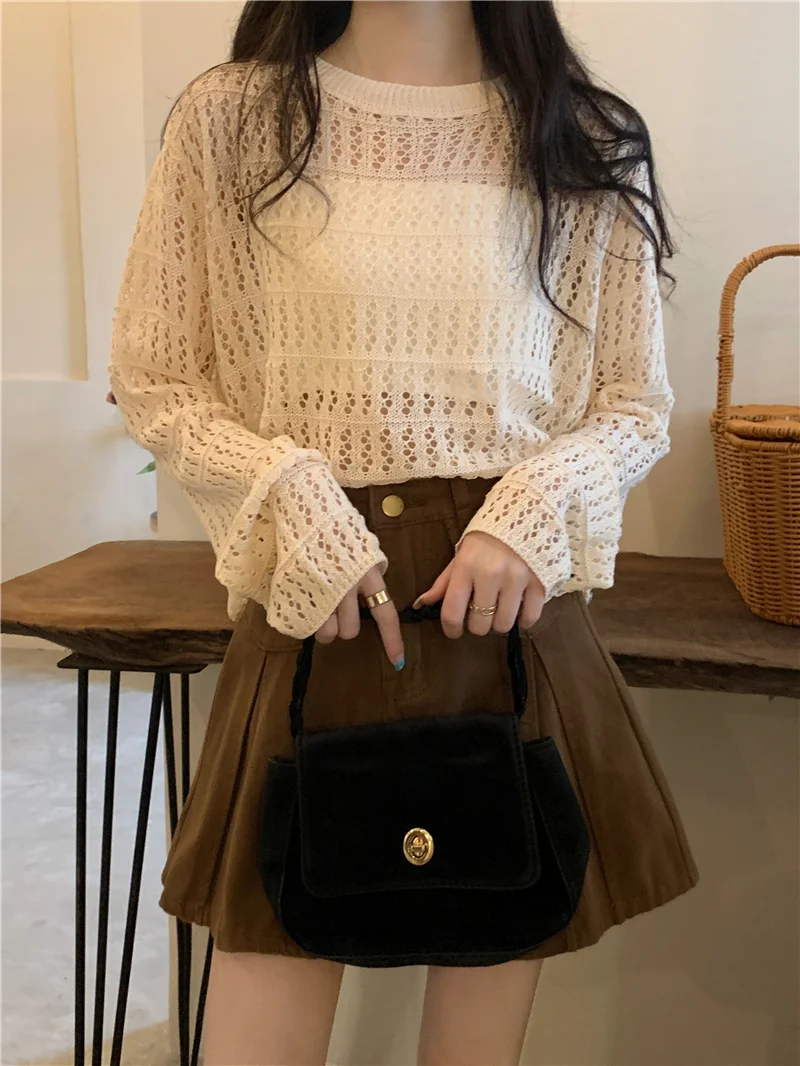 Ladies Fashion Mesh Hollowed Out See-through Pullover Sweater Tshirts Women Sexy Tops Female Girl Casual Knitted T-shirt Vy12730