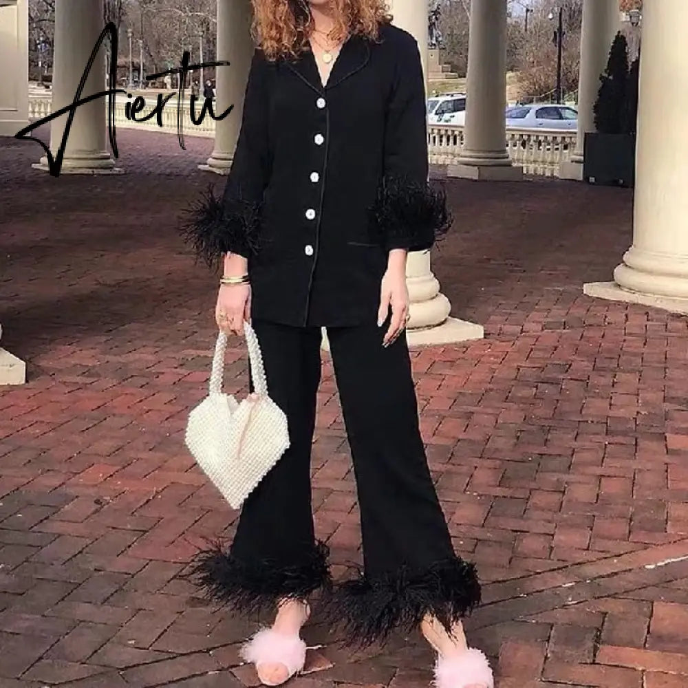 Sleepwear for Women New Cute Silk Cotton Light Luxury Ostrich Wool Pajamas Two-Piece Set Solid Color Home Suit Aiertu