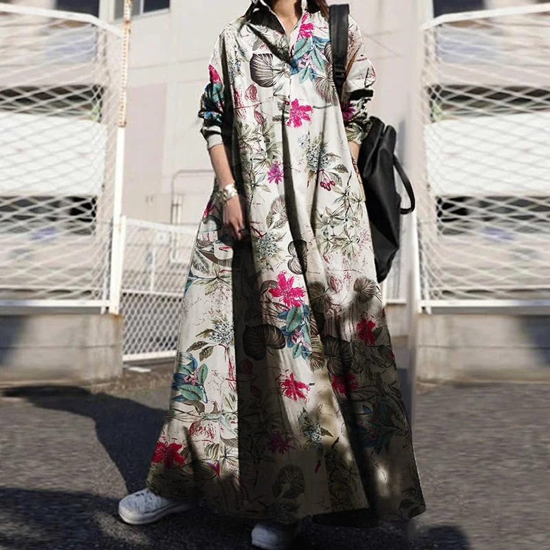 ZANZEA Autumn Stylish Women Vintage Long Sleeve Loose Sundress 2022 Casual Long Maxi Dress Kaftan Femme Solid Party Vestido Robe