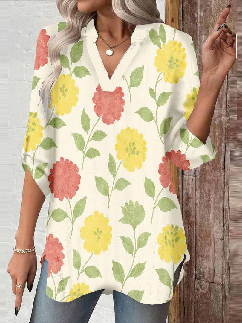 Women Flowers, Yellow, Red DZGA0382 3/4 Sleeve V-neck Printed Graphic Button Tops