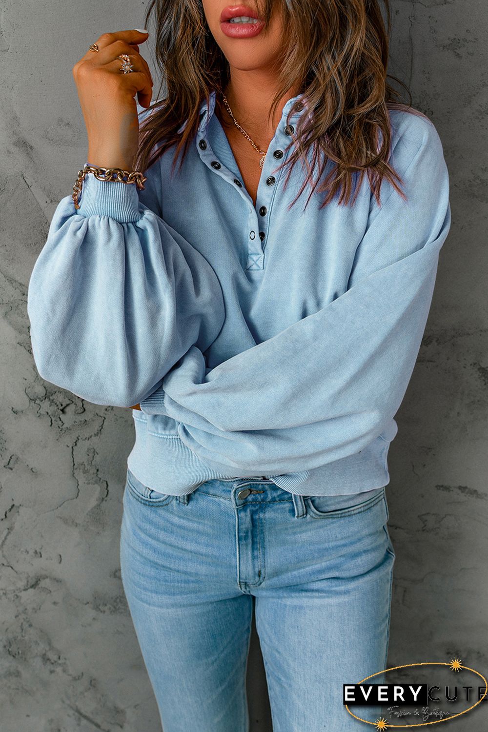 Sky Blue Washed Snap Buttons Lantern Sleeve Pullover Sweatshirt