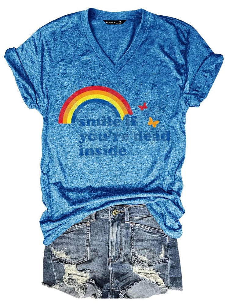 Bestdealfriday Smile If You're Dead Inside Short Sleeve V Neck Letter Woman's Shirts Tops