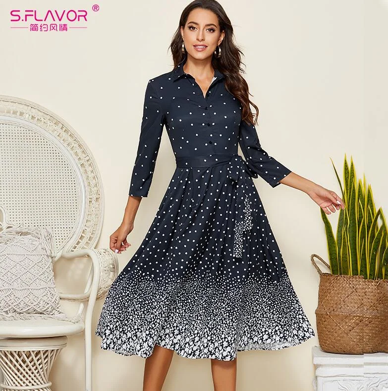 Jangj S.FLAVOR Single Button Star Printing Gradual Midi Dresses Elegant 3/4 Sleeve Slim Retro A-line Vestidos Women Autumn Dress 2022