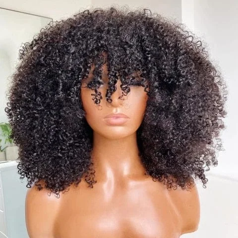 pornhint Pornhint Afro Kinky Curly Wig With Bangs Full Machine Made Scalp Top Wig 200 Density Remy Brazilian Short Curly Human Hair Wigs Xcsunny