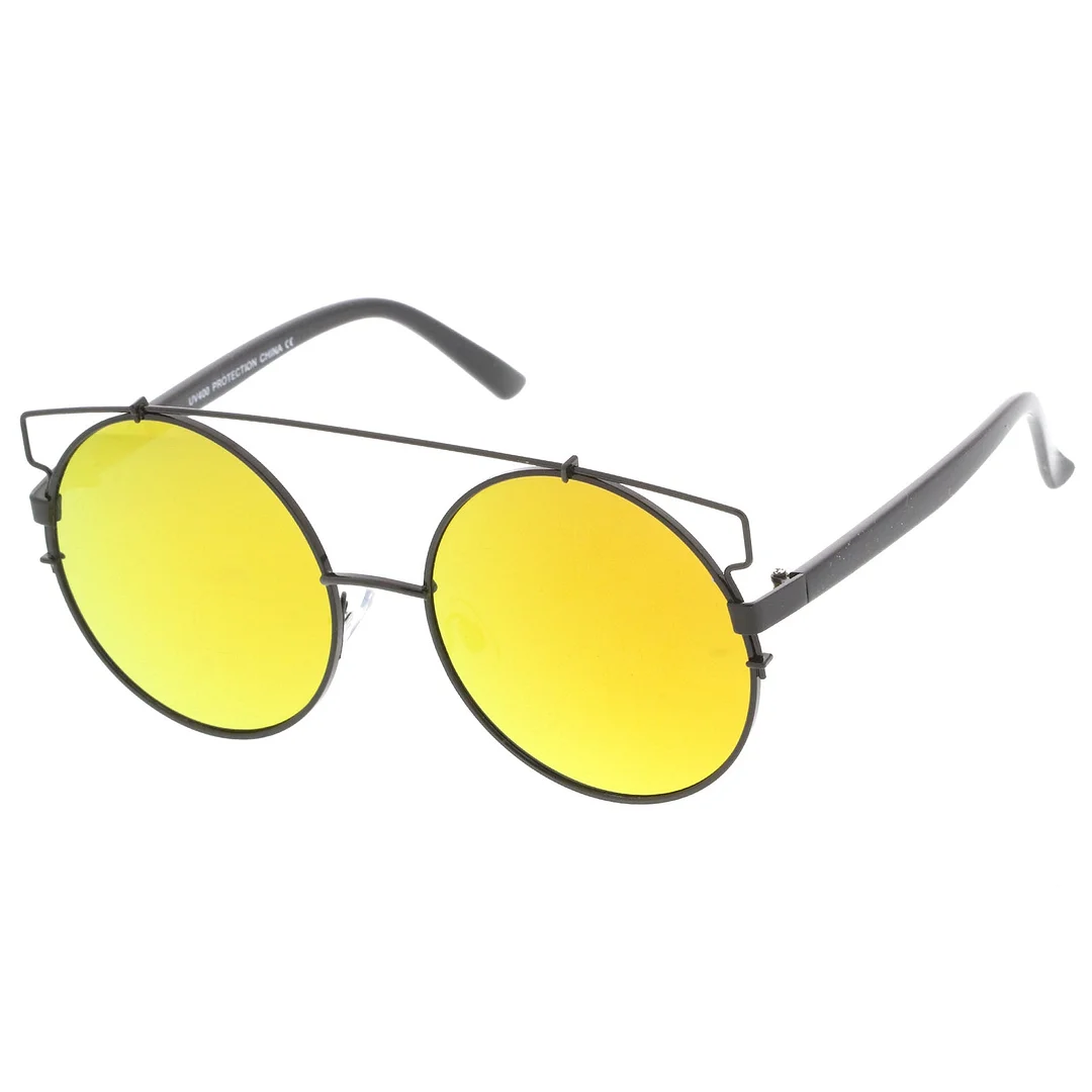 Oversize Metal Frame Horn Rimmed Crossbar Mirror Flat Lens Round glasses 62mm