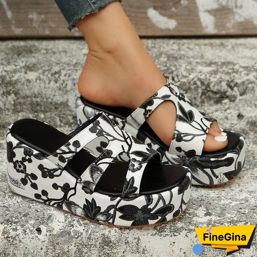 Women Floral Embroidery Hollow out Wide Strap Wedge Slippers Shoes